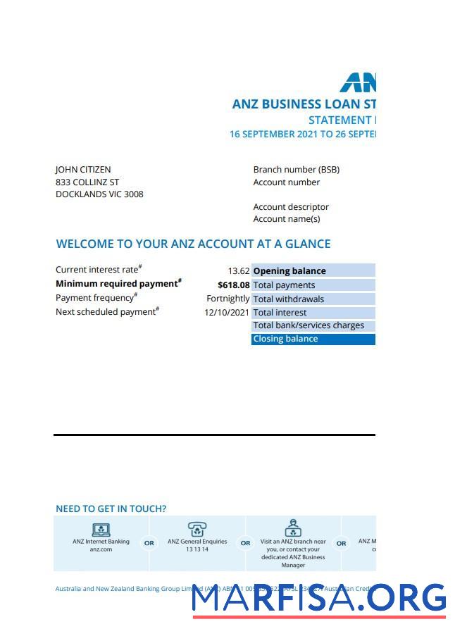 Downloadable Australia ANZ proof of address bank statement 1 page real example